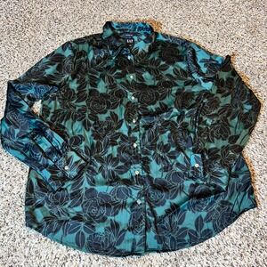 GAP Boyfriend Shirt Teal Black Floral Print Button Down Long Sleeve Womens M